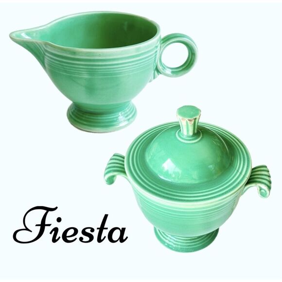 Vintage Fiestaware Original Light Green Ceramic Creamer & Handled Sugar Dish - Picture 1 of 14
